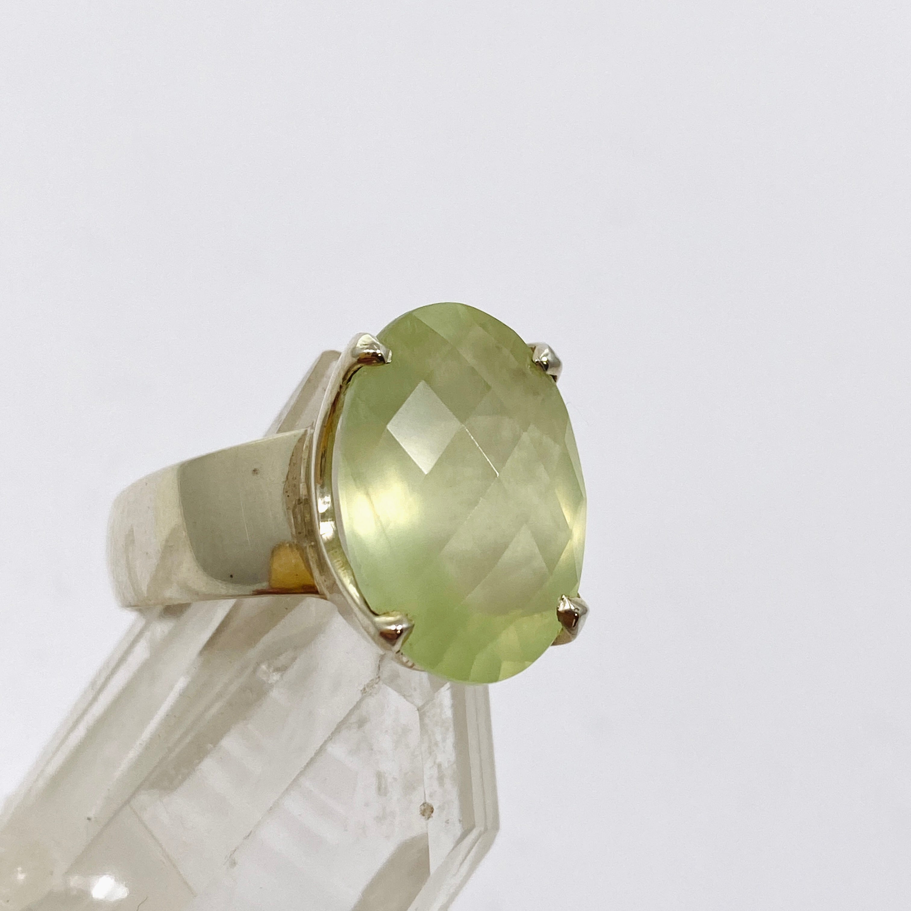 Prehnite Oval Checkerboard Faceted Ring Size 10 - Natural Gemstone Jewelry for Women, Elegant Statement Ring for Wedding, Party & Special Occasions