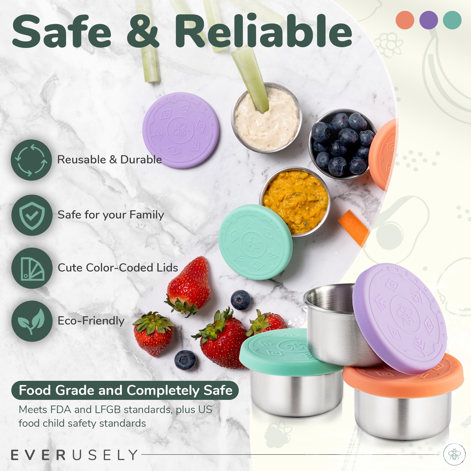 Everusely Stainless Steel Condiment Cups - 3 Pack, 1.7 oz with Lids - Perfect for Lunchbox & Meal Prep