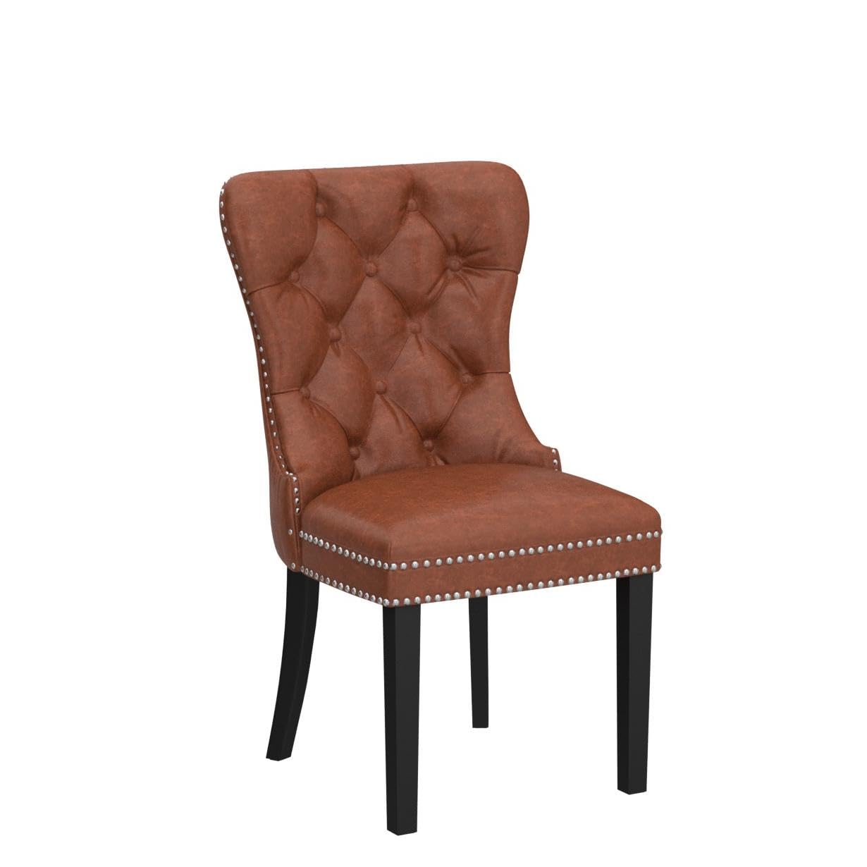 CIMOTA Set of 2 Brown Leather Dining Chairs - Mid Century Modern Tufted Upholstered Kitchen Chairs with Nailhead Trim & Ring Back (PU Leather, 2-Piece Set) - Perfect for Dining Room, Kitchen, Breakfast Nook & Home Office