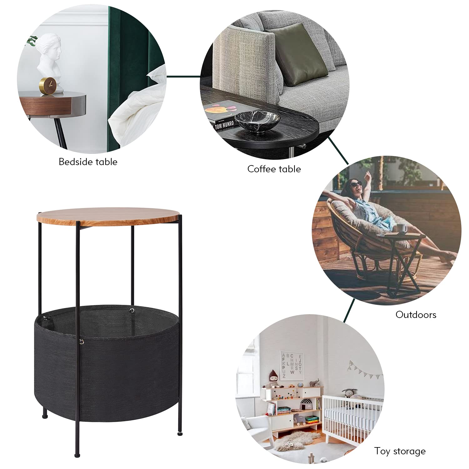 Industrial Round Side Table - 2 Tier Small Sofa Couch Table with Rustic Metal Frame & Storage Basket | End Table, Nightstand, Bedside Table for Living Room, Bedroom, Coffee Table | Perfect for Small Spaces & Apartment Decor (USA Shipping)