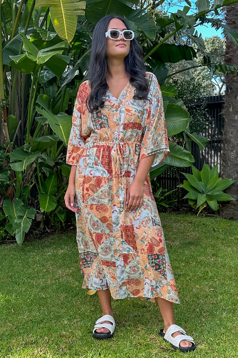 Elba Peach Paisley Midi Dress with 3/4 Sleeves - Floral Print Summer Dress for Women, Perfect for Garden Parties, Brunch Dates & Vacation Outfits