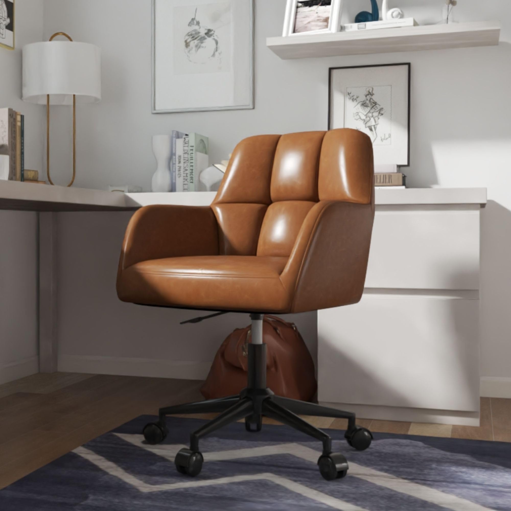 Premium Brown Leather Office Desk Chair with Mid Back Support - Adjustable Height, 360° Swivel & Rolling Wheels - Ergonomic Computer Task Chair for Home Office, Gaming & Workspace Comfort