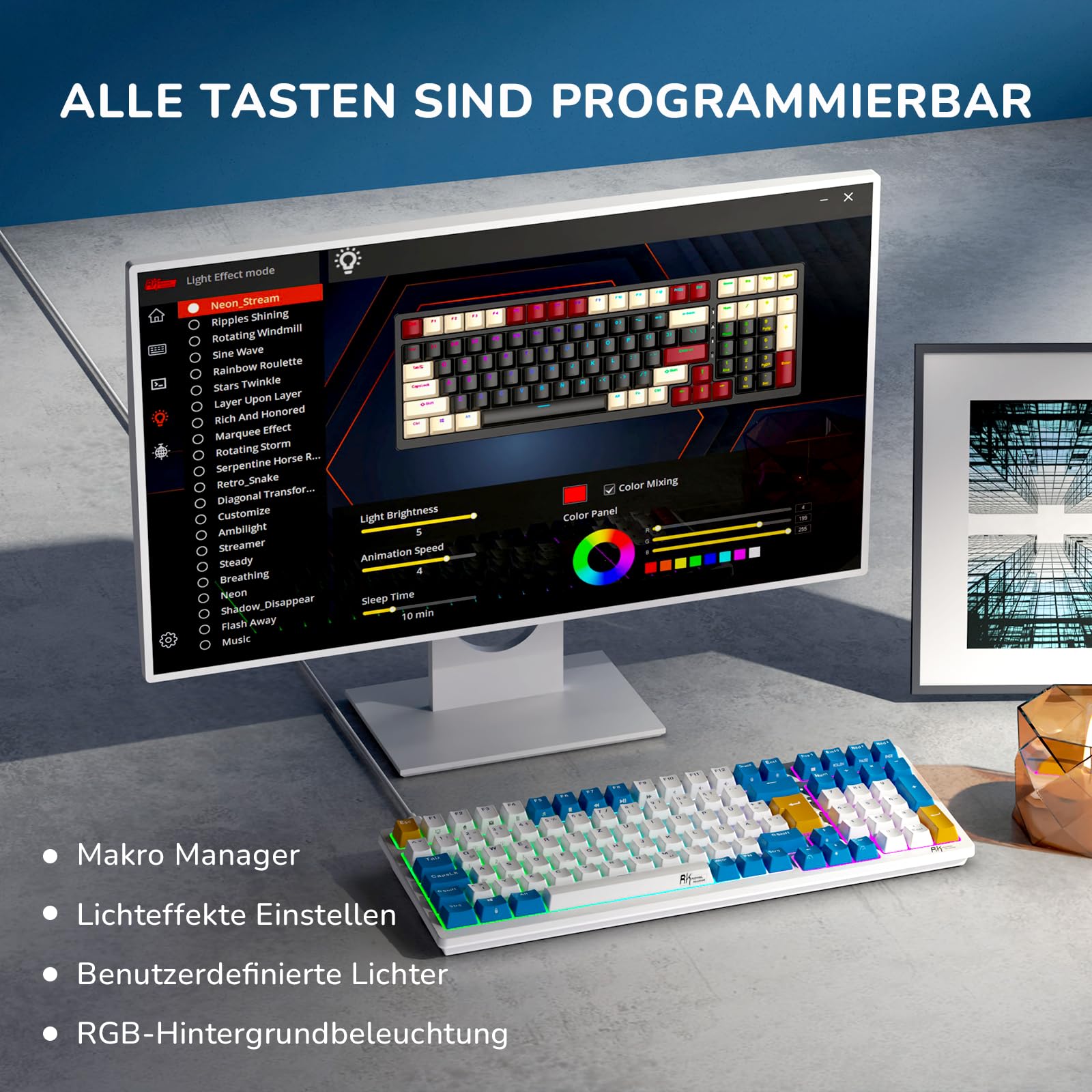 RK ROYAL KLUDGE RK98 Wireless Mechanical Gaming Keyboard - 2.4G/Bluetooth 5.1/USB-C Triple Mode, RGB Backlit, Hot-Swappable Red Switches, 100-Key German QWERTZ Layout - Perfect for Gaming, Office Work & Typing (White)