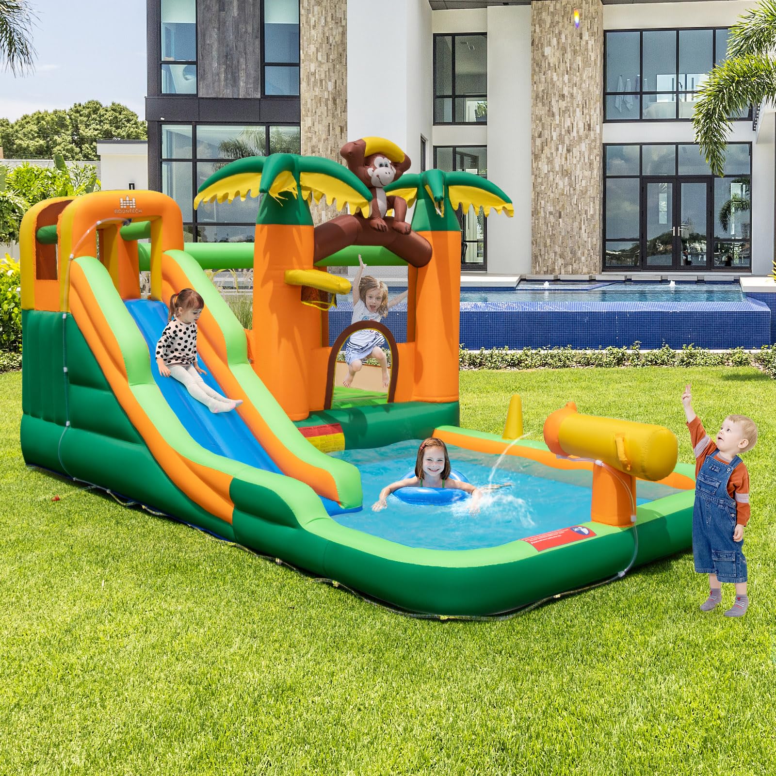 BOUNTECH Inflatable Water Slide with Splash Pool - Jungle Monkey Bounce House for Kids Outdoor Play, 680W Blower Included | Perfect for Backyard Parties, Summer Fun, and Birthday Gifts | Durable Water Slides Inflatables for Big Kids and Family Gatherings