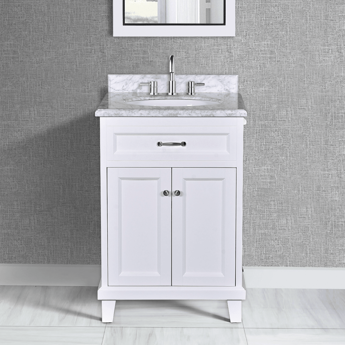 White Bathroom Vanity with Solid Wood Frame & Carrara Marble Top - 3 Size Options for Modern Bathroom Decor | Perfect for Master Bath, Guest Bath & Small Space Remodeling