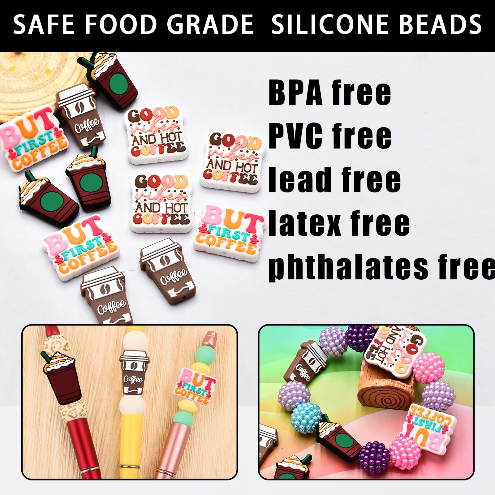 12 PCS Silicone Focal Beads for Pens - Assorted Coffee-Themed Character Beads for Keychain Making, Jewelry Crafting, Bracelets & Necklaces - DIY Handmade Crafts (Perfect for Gifts, Party Favors & Creative Projects)