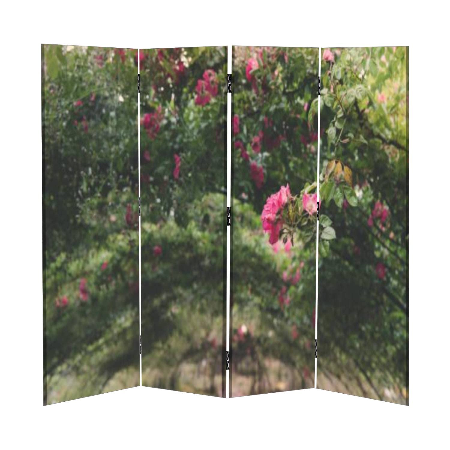 4 Panel Canvas Room Divider Screen with Rose Arbor Tunnel Design - Pink Roses Folding Privacy Partition for Home, Office & Events | Temporary Wall Divider for Bedroom, Living Room & Wedding Decor