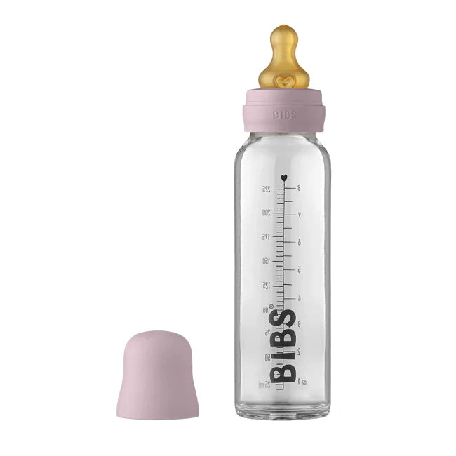Premium Baby Glass Bottle Set with Latex Bib - 225ml, Dusky Lilac | Safe & Durable Feeding Essentials for Newborns & Infants | Perfect for Home, Travel & Daycare Use