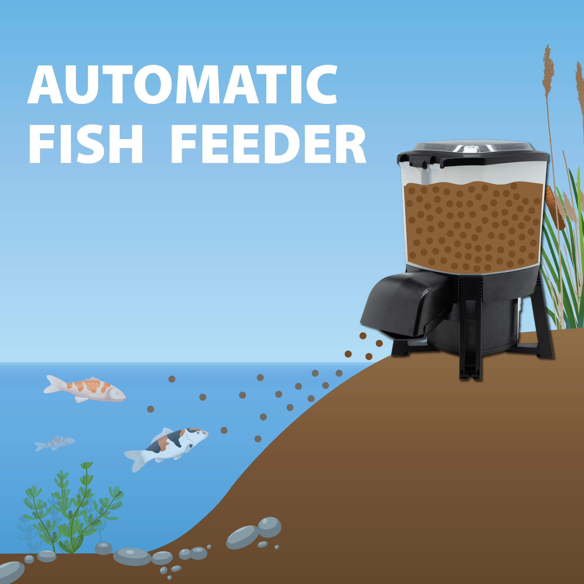 The Pond Guy KoiGrower Automatic Pond Fish Food Dispenser - Solar, Battery & AC Powered Koi Pellet Feeder with 5 Gallon Capacity - Perfect for Outdoor Koi Ponds & Water Gardens