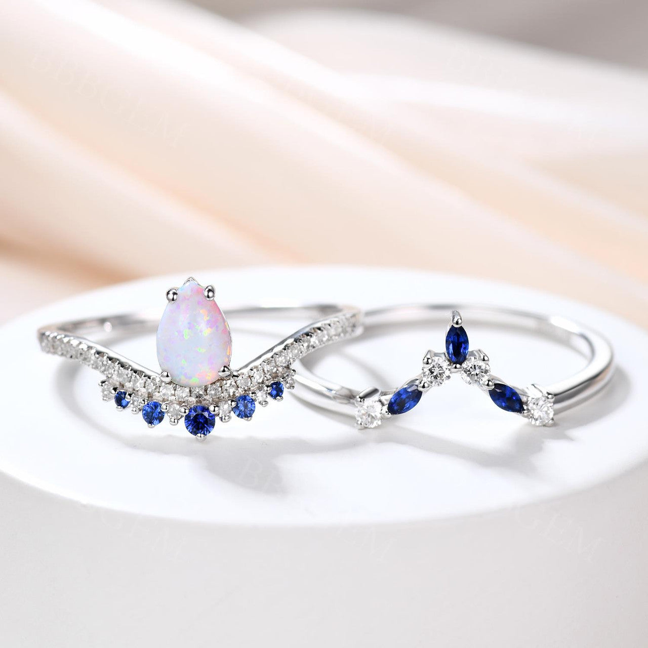 Pear Shaped Opal Engagement Ring with Diamond Accents & Blue Sapphire Wedding Band - Stackable Bridal Set for Proposal, Anniversary & Special Occasions