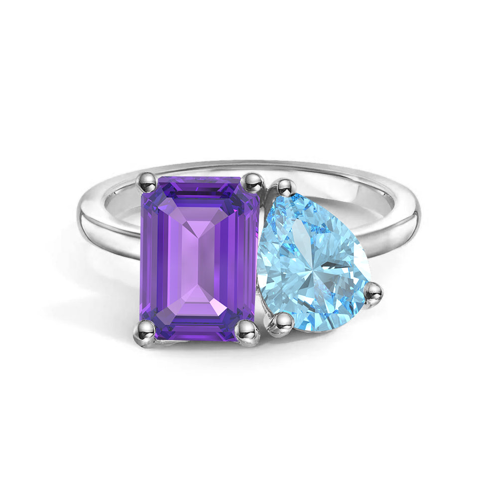 Personalized Toi et Moi Amethyst Birthstone Ring - Custom Anniversary Jewelry for Couples, Gift for Her, Romantic Proposal & Wedding Band