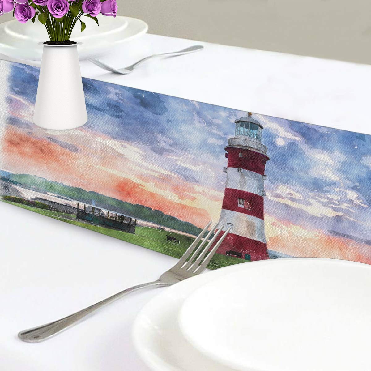 13x90 Inch Art Painting Beach Lighthouse Table Runner - Rectangle Polyester Tablecloth for Office, Kitchen, Dining, Wedding, Party & Home Decor - Perfect for Coffee Tables, Buffets, and Holiday Entertaining