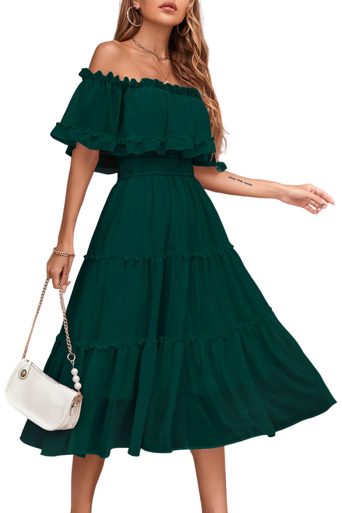 MAXVIGOR Women's Off Shoulder Ruffle Midi Dress - Elegant A-Line Cocktail Party Dress for Wedding Guest, Summer Vacation & Date Night | Flowy Tiered Design with Comfortable Stretch Fabric