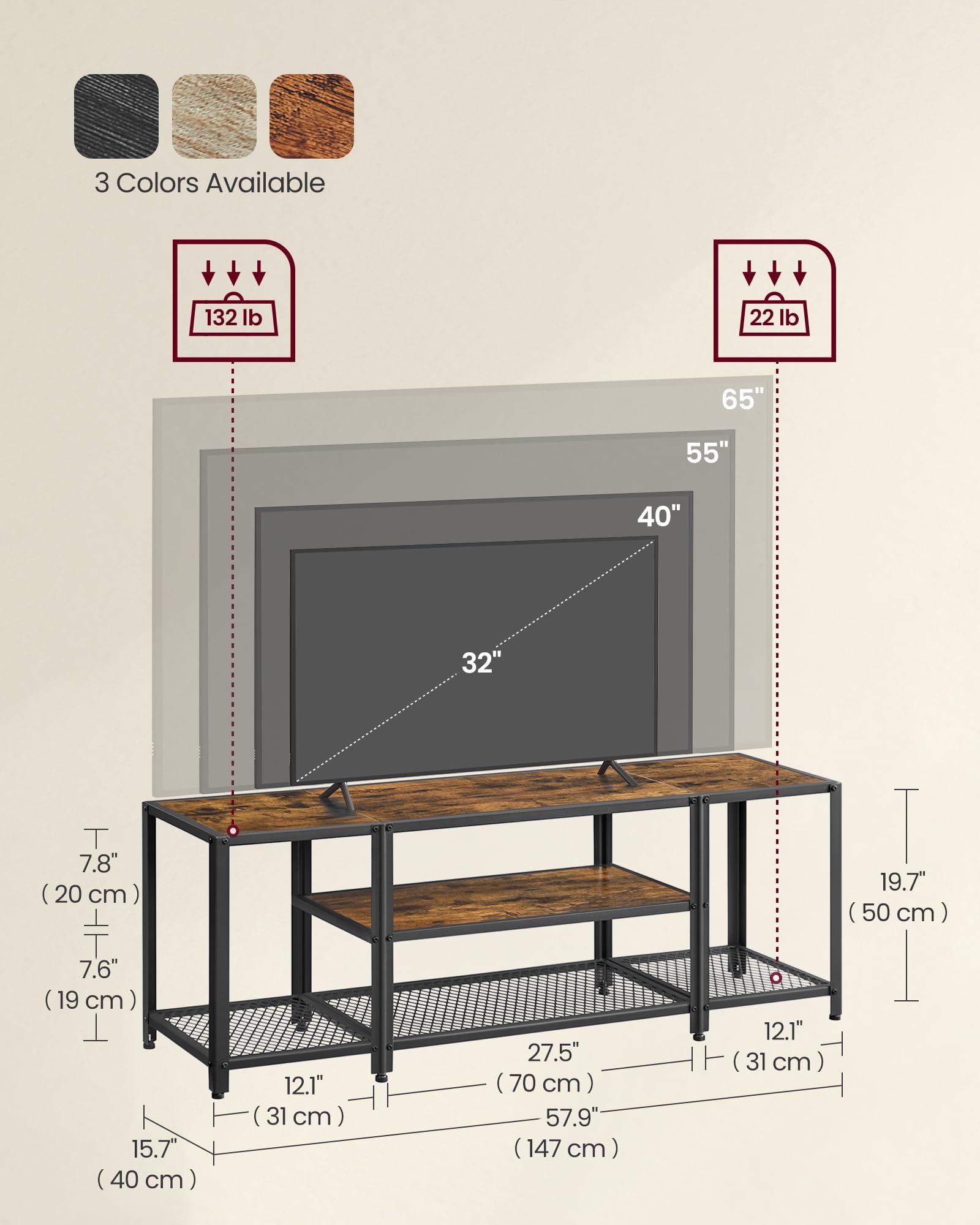 VASAGLE 65 Inch TV Stand with 3-Tier Open Shelves, Industrial Modern Entertainment Center Console Table - Rustic Brown & Black for Living Room & Bedroom | Perfect for Home Theater Setup & Media Storage Organization