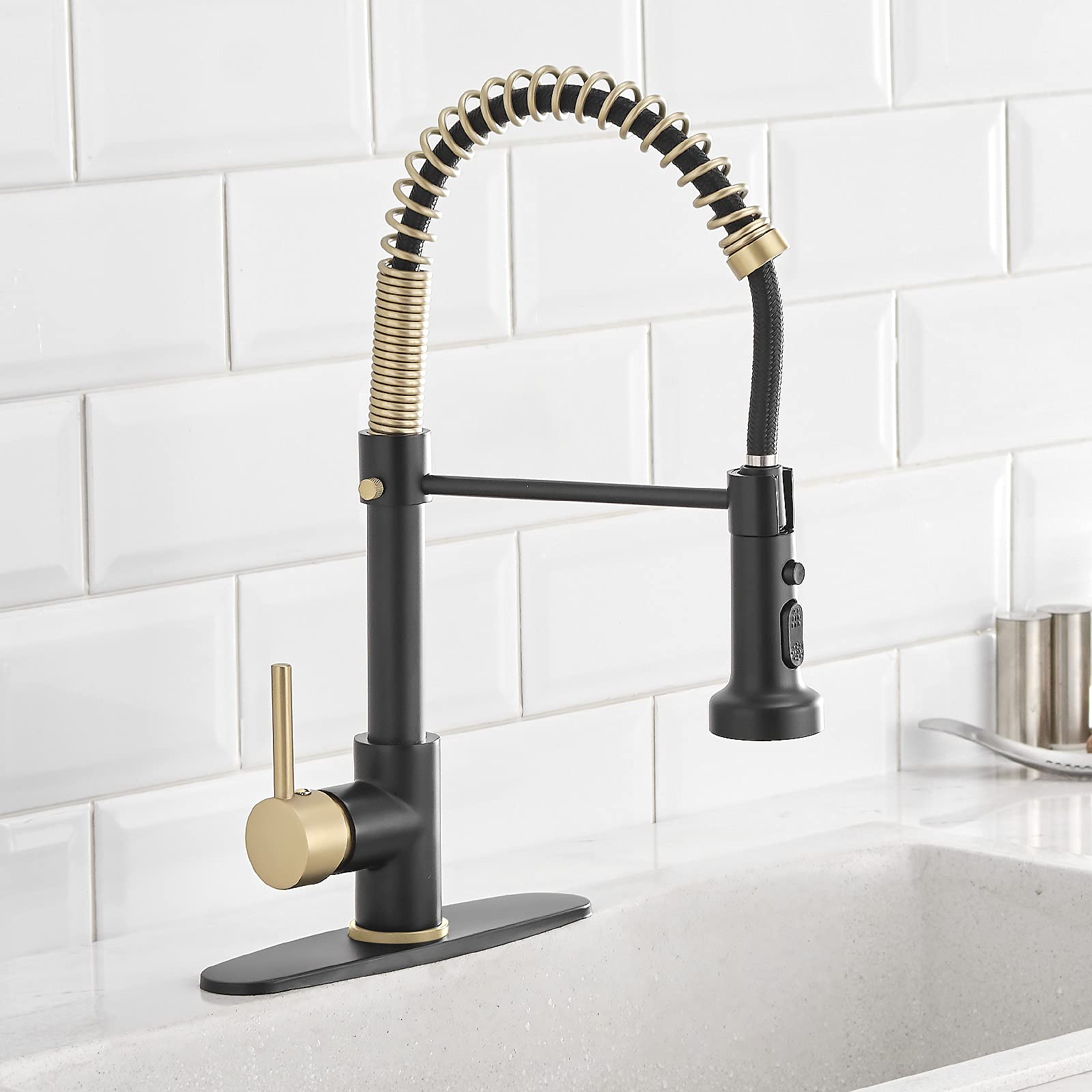 Matte Black & Gold Spring Kitchen Faucet with Pull Down Sprayer - for RV & Laundry Sinks