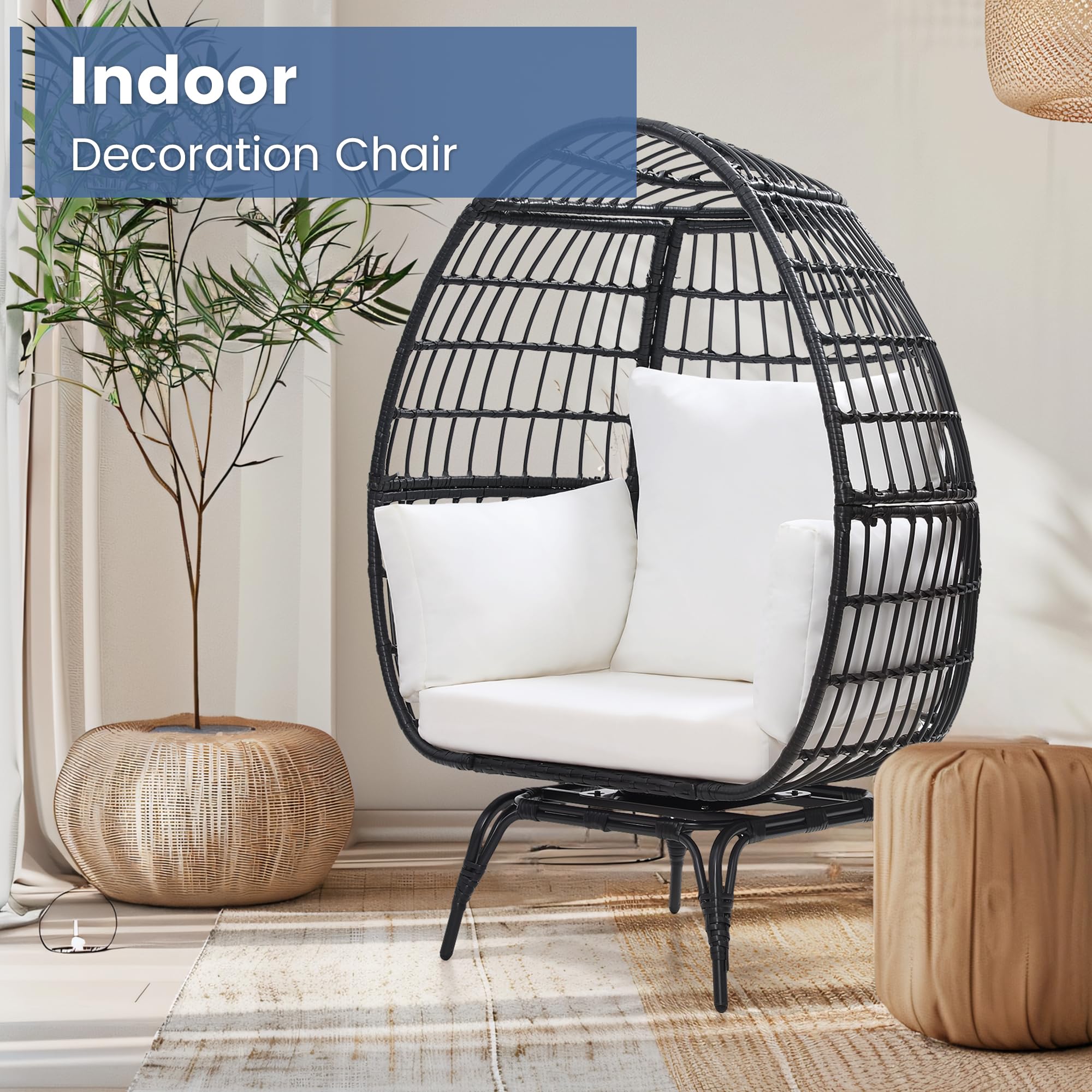 360° Swivel Rattan Egg Chair for Adults - Oversized Indoor/Outdoor Wicker Hanging Chair with Beige Cushions - Perfect for Patio, Garden, Living Room & Balcony Relaxation - Black Rattan Egg-Shaped Lounge Chair with Thick Comfortable Cushions