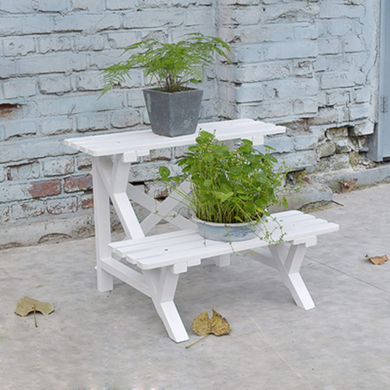 Two-Tier Wooden Plant Stand for Indoor & Outdoor Use - 60x45x46cm White Flower Pot Shelf for Home, Garden, Patio & Balcony | Perfect for Displaying Potted Plants, Herbs & Decorative Greenery