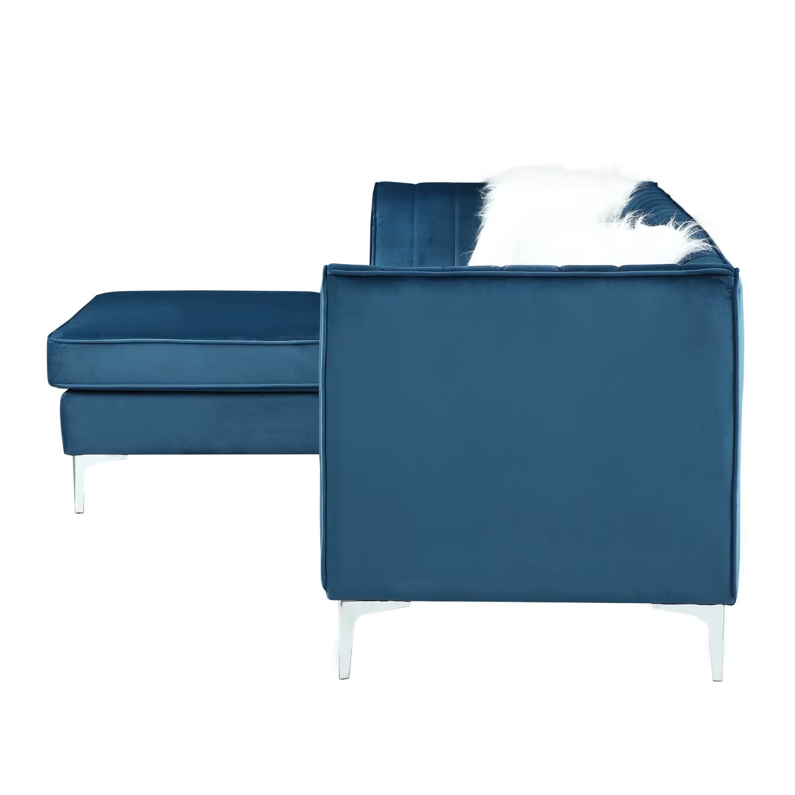 Modern Fort Blue Velvet Sectional Sofa - 85 Inch L-Shaped Couch with Chaise Lounge | Contemporary Living Room Furniture with Pillows | Perfect for Small Spaces, Apartments & Family Gatherings