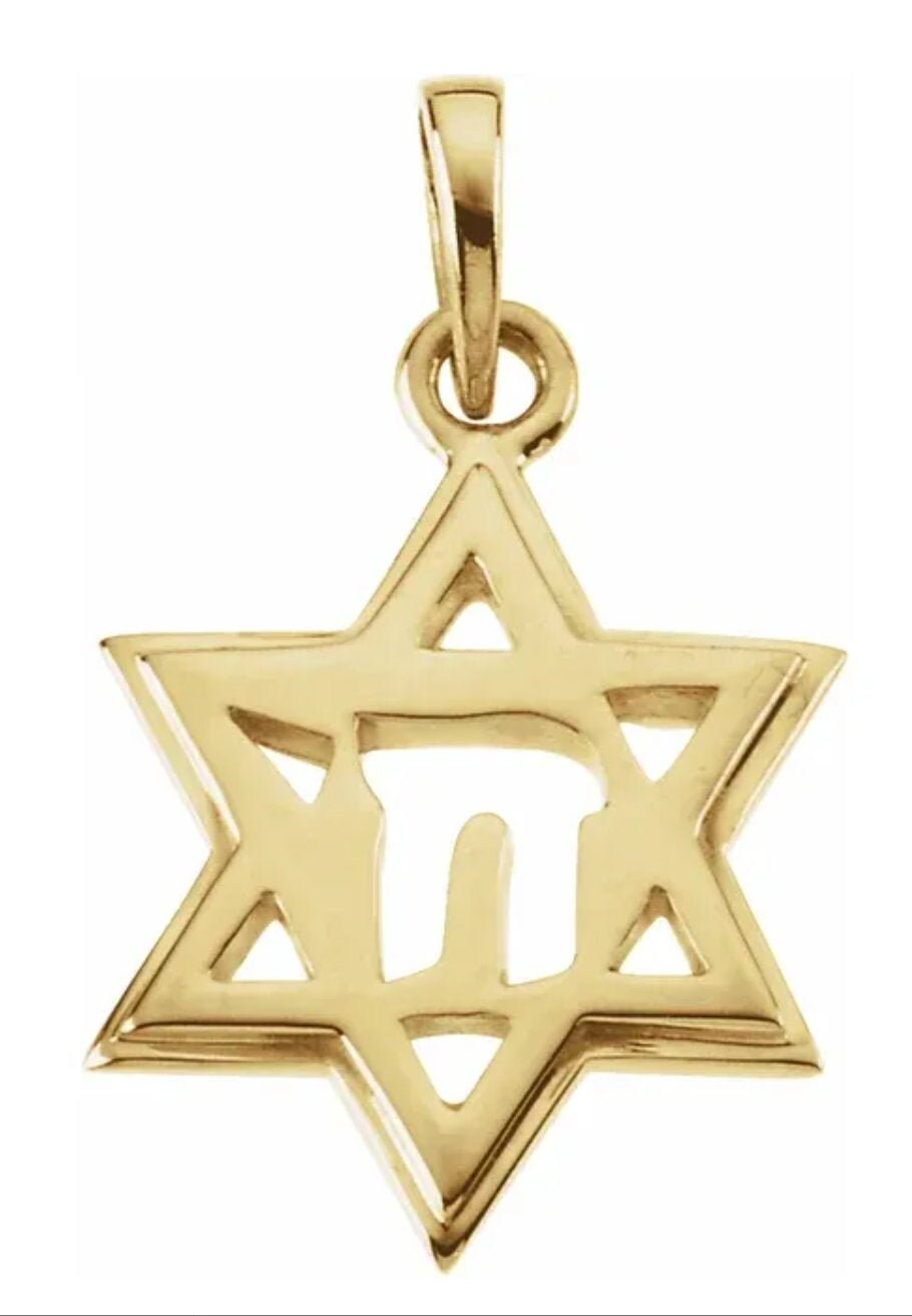 10K, 14K or 18K White/Yellow Gold 19x14mm Star of David Chai Pendant - Solid Gold Jewelry for Hanukkah Gifts, Jewish Celebrations & Daily Wear