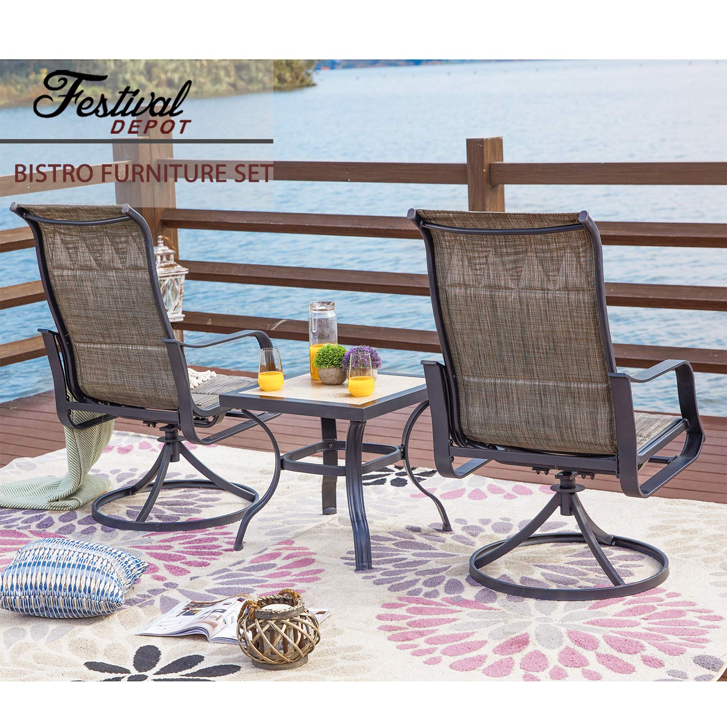 360° Swivel Outdoor Patio Dining Set - 3-Piece Bistro Chairs with Armrests & Square Metal Coffee Table - Steel Frame Rocking Furniture for Deck, Garden, Poolside - Perfect for Relaxing, Entertaining & Outdoor Gatherings (Gray)