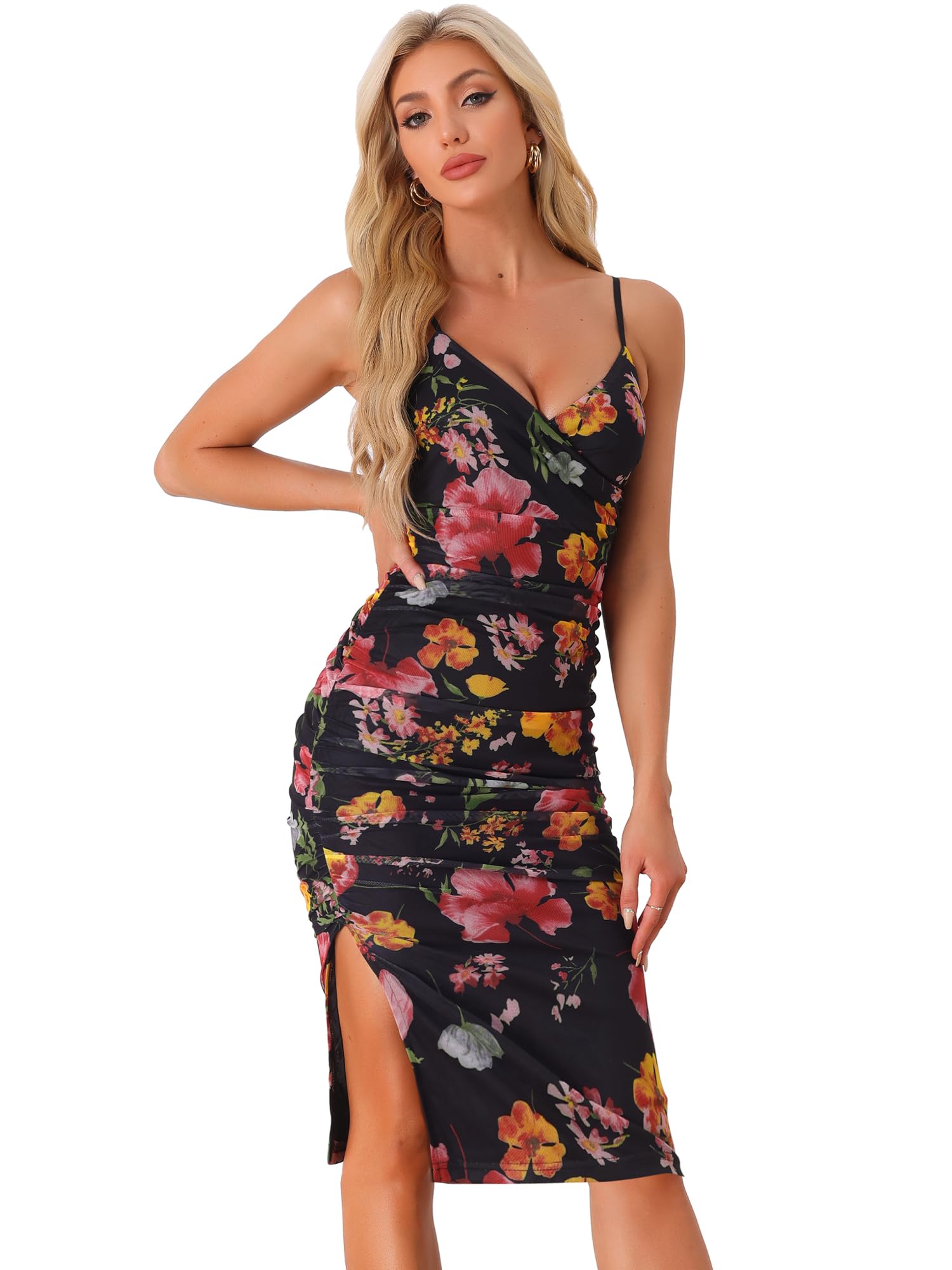 Allegra K Women's Floral Cami Dress - Ruched Mesh Side Slit Bodycon Summer Dress for Casual Outings, Beach Vacations & Night Out Parties
