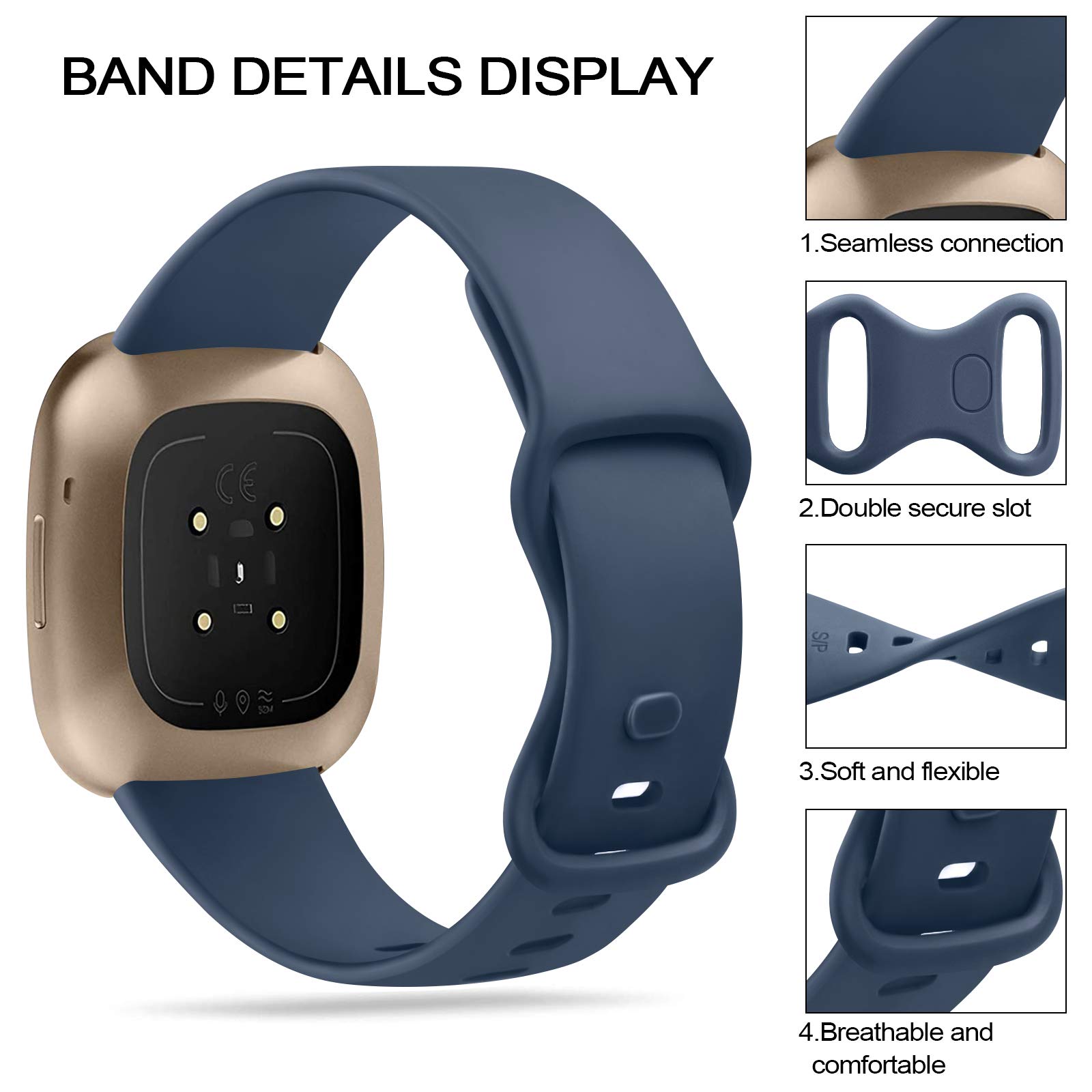 3 Pack Replacement Silicone Bands for Fitbit Sense & Versa 3 - Soft Sport Wristbands for Women & Men (Black, Navy Blue, Gray, Large) - Perfect for Workouts, Running & Everyday Wear