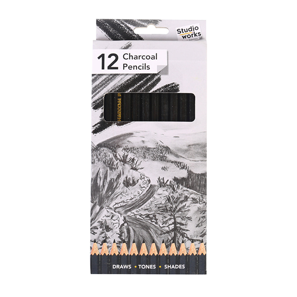 12-Piece Studio Works Premium Charcoal Pencils for Artists - Deep Tone Sketching & Shading - Perfect for Drawing, Sketching & Professional Artwork