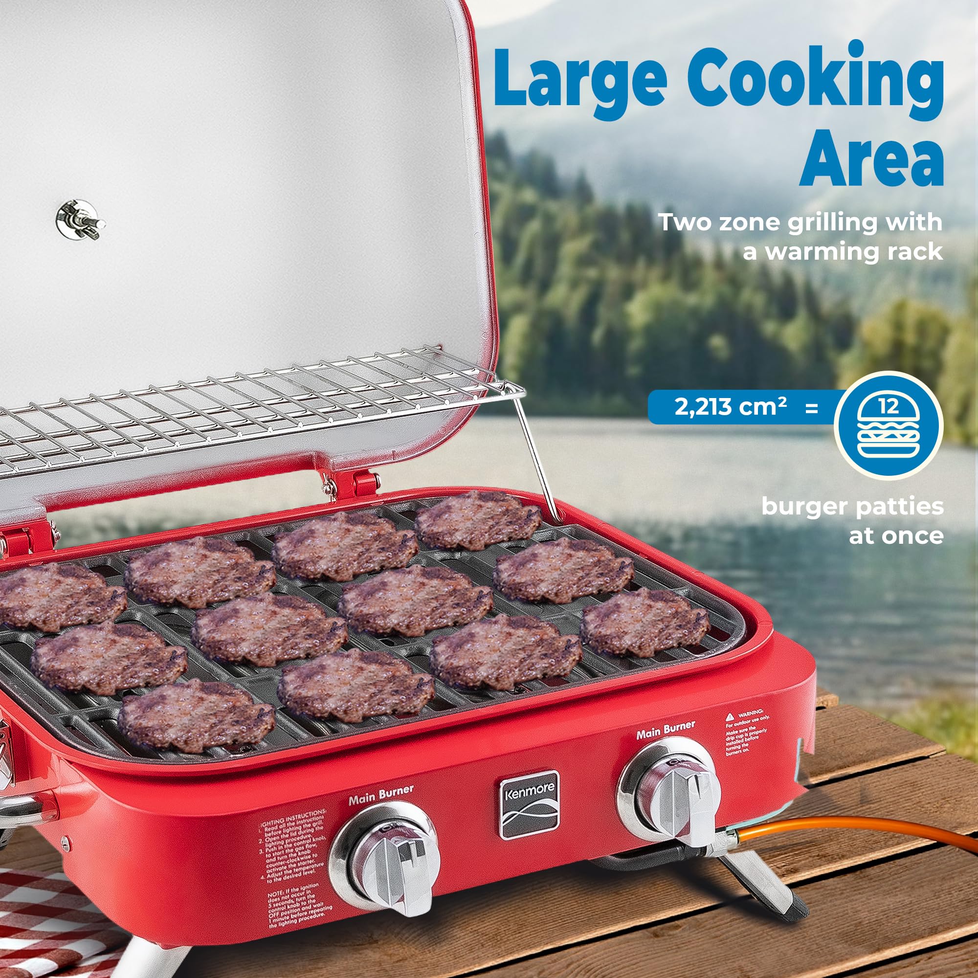 Kenmore Portable Propane Gas Grill - 2 Burner Tabletop BBQ Grill with 14,000 BTUs & Warming Rack, Stainless Steel Outdoor Cooking for Camping, Picnics, Tailgating, and Backyard Parties (Red)