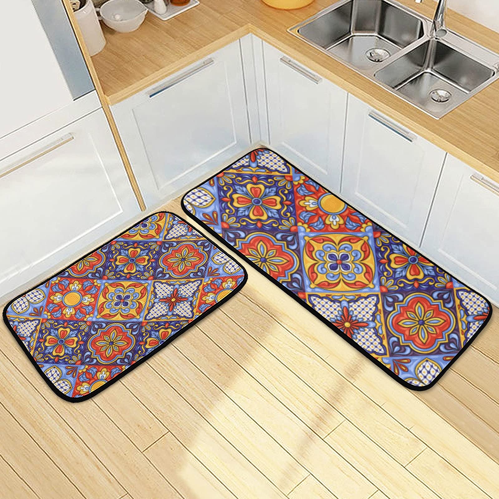 Mexican Talavera Ceramic Tile Pattern Kitchen Rugs Set - 2 Piece Cushioned Anti-Fatigue Non-Slip Washable Mats for Farmhouse, Bathroom Sink, Office & Home Decor - Perfect for Kitchens, Entryways and Laundry Rooms