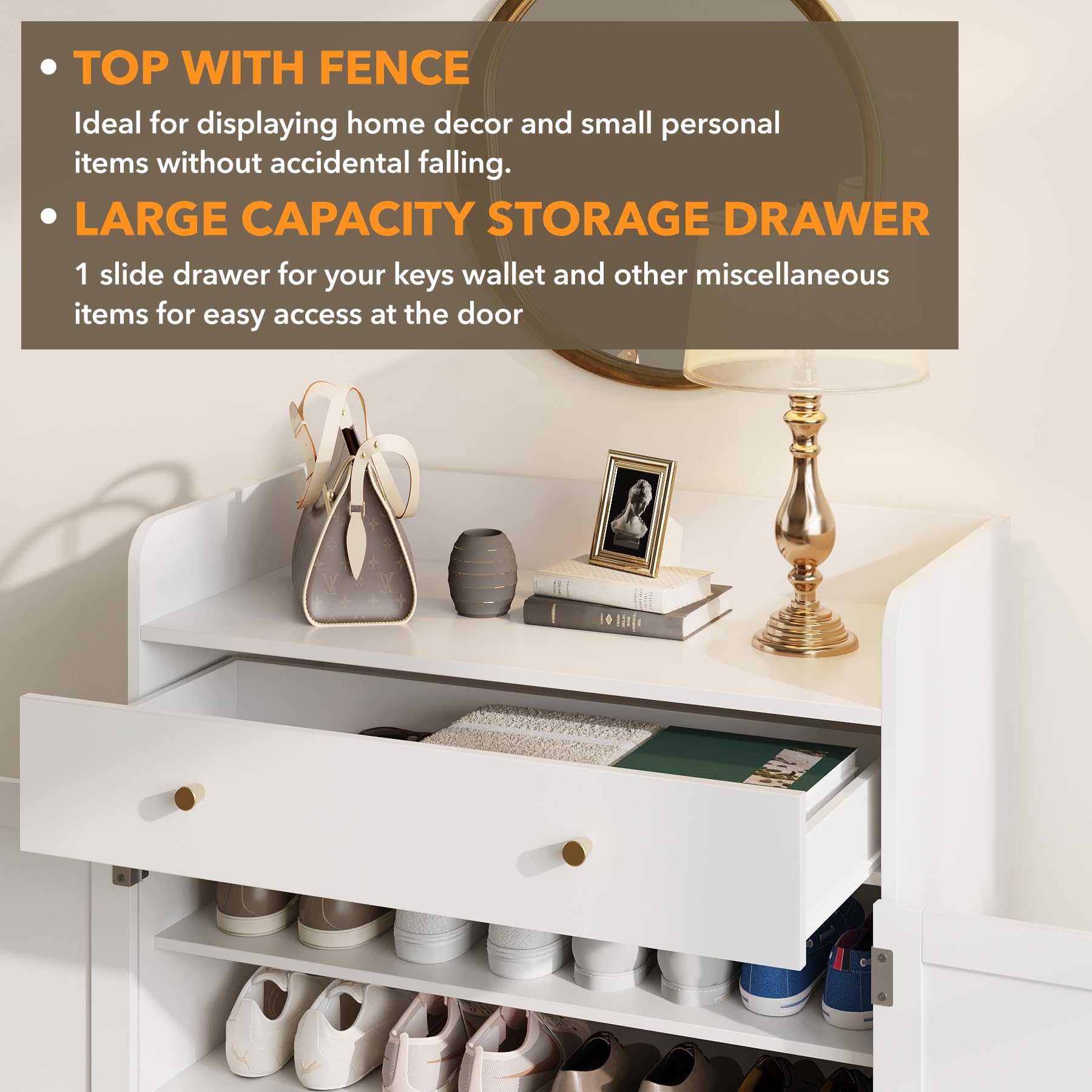 Maupvit 20-Pair Shoe Storage Cabinet with Doors & Drawers - Adjustable Shelves, Metal Legs, 43