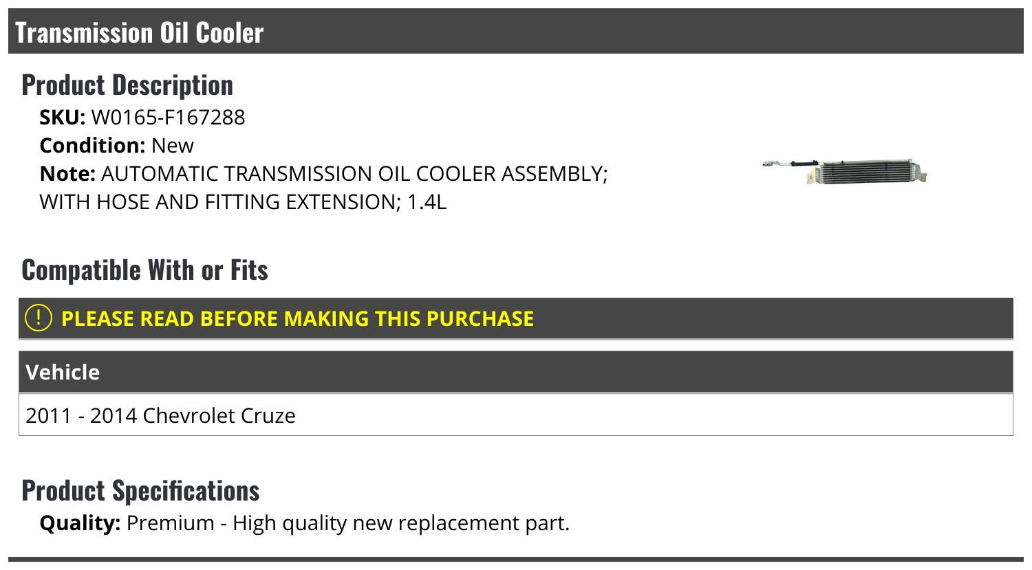 High-Performance Automatic Transmission Oil Cooler with Hose Kit - Compatible with 2011-2014 Chevy Cruze 1.4L Engine - Improves Cooling & Extends Transmission Life for Daily Driving & Towing