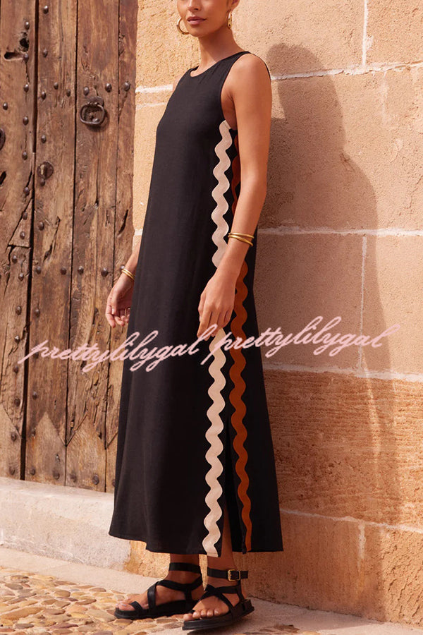 Elegant Boho Maxi Dress with Ric Rac Wave Trim - Flowy Loose Fit for Beach Vacations & Summer Getaways