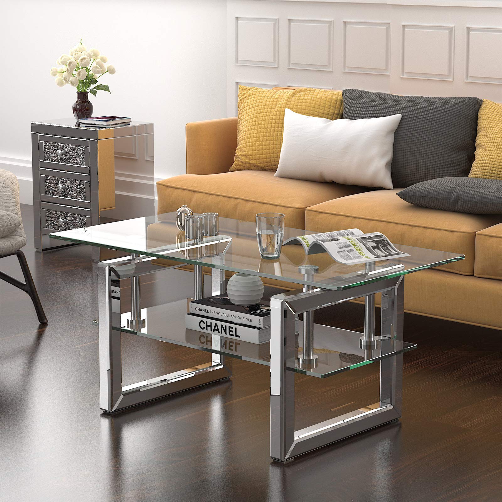IKIFLY 2-Tier Glass Coffee Table with Sturdy Metal Legs - Clear Rectangle Mirrored End Table for Living Room, Office, or Lounge - Perfect for Coffee, Tea, and Home Decor