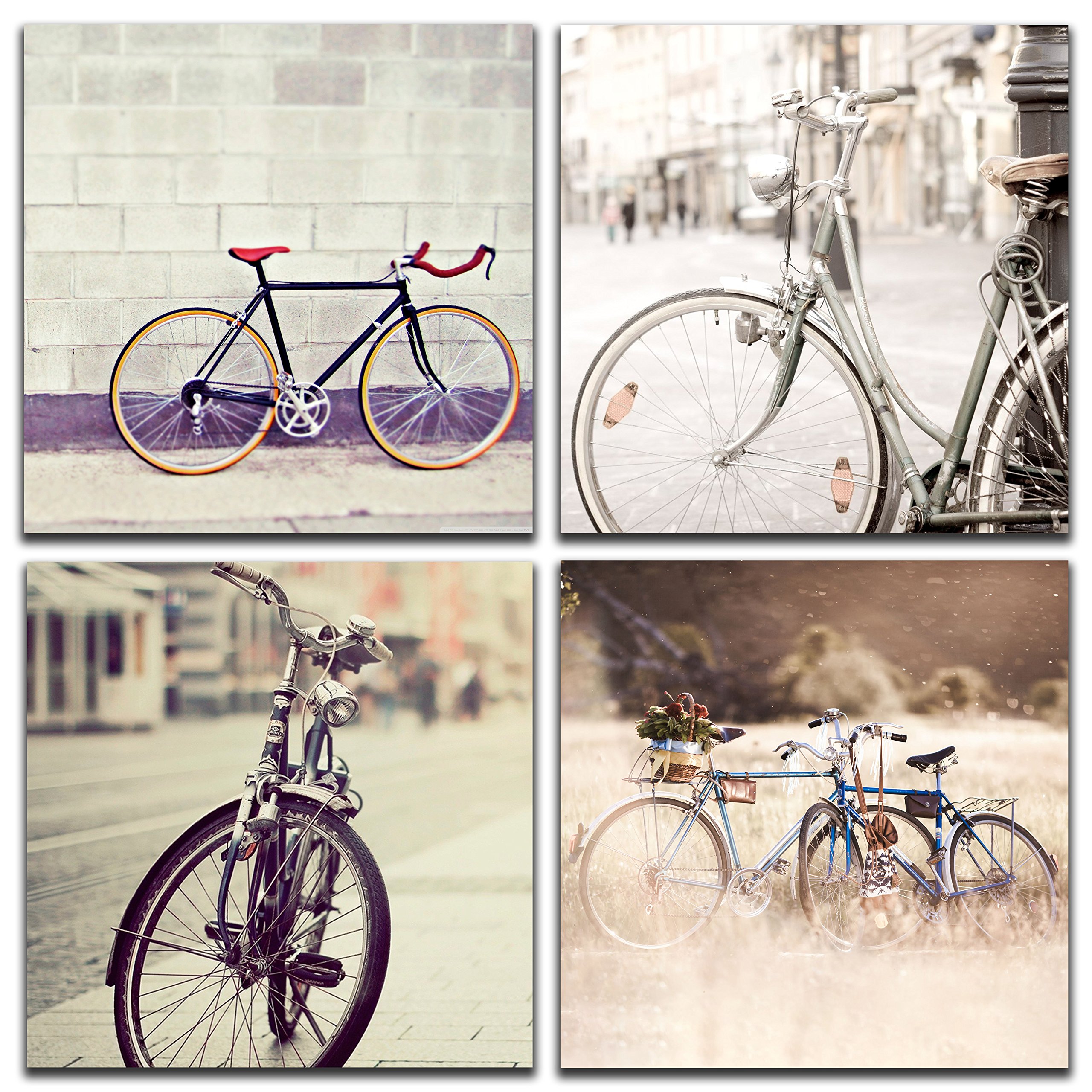 Vintage Bicycle Wall Art - Set of 4 Rustic 12x12 Inch Canvas Prints, Stretched & Framed - Home Decor for Living Room, Bedroom & Office - Perfect Gift for Cyclists & Vintage Lovers