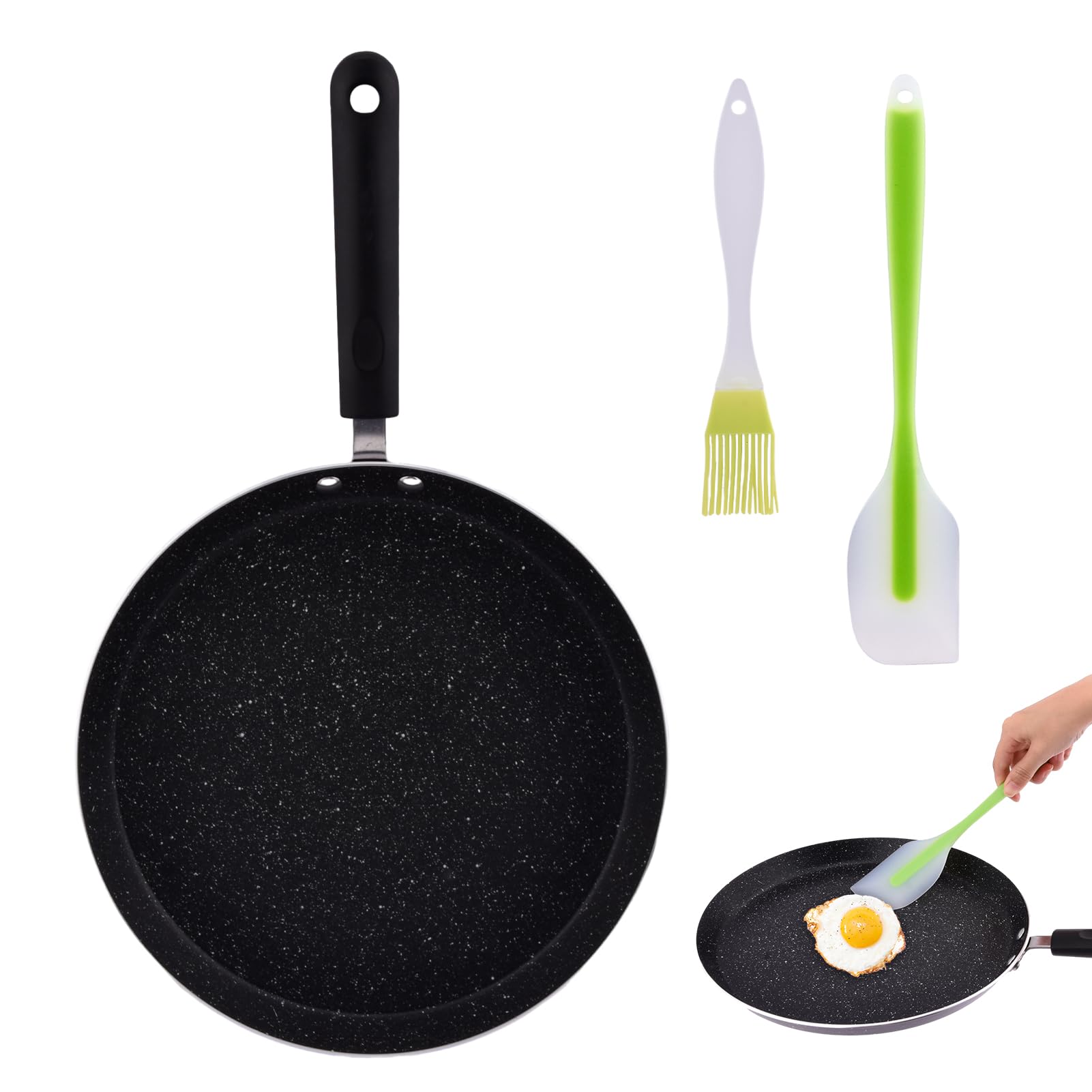 11 Inch Nonstick Crepe Pan with Scraper & Oil Brush - Perfect for Pancakes, Tortillas, Eggs, Omelettes & Grilling - Easy to Clean Griddle Pan for Home Cooking & Breakfast Making