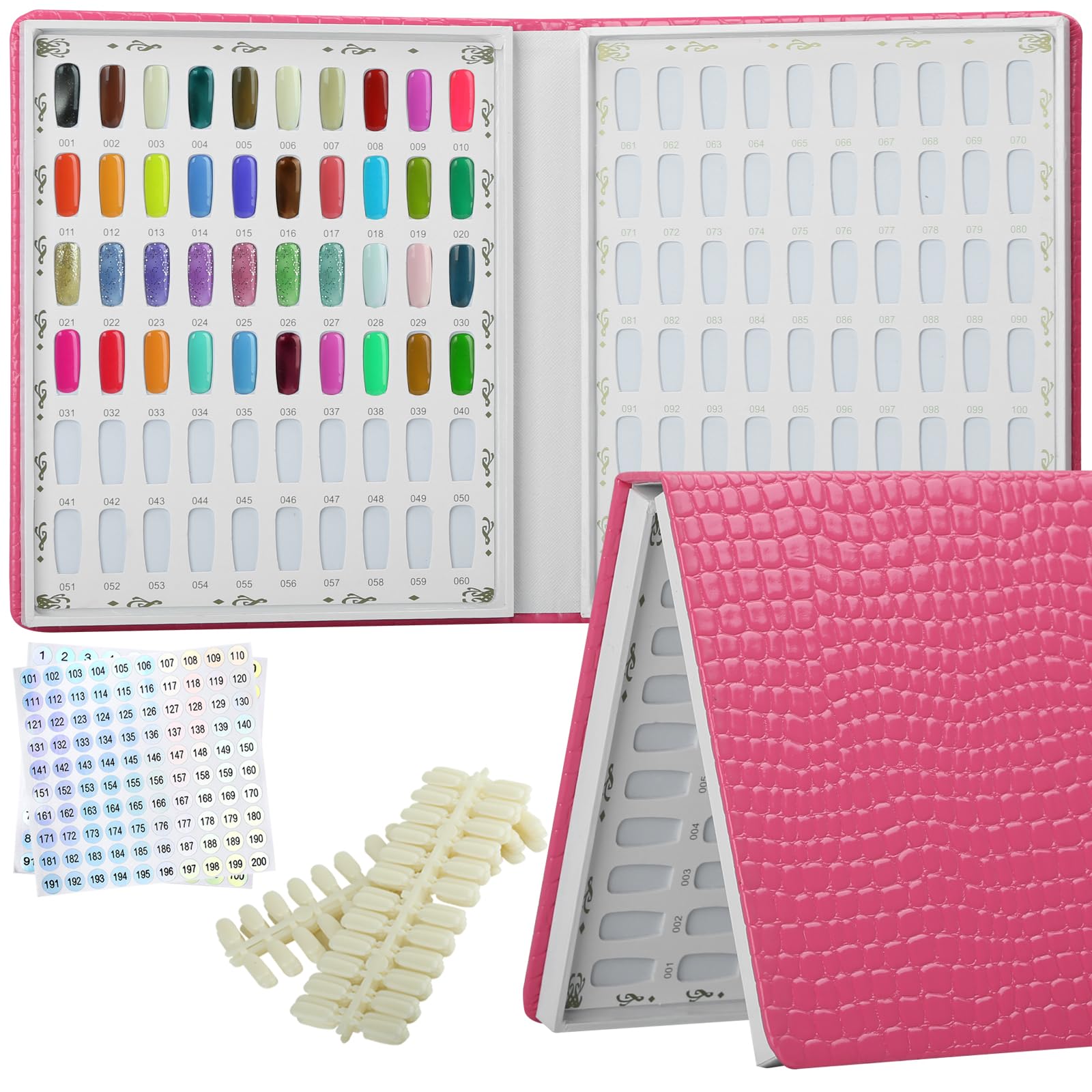120 Colors Nail Swatches Book with 240 Nail Tips & Number Labels - Leather Nail Gel Polish Display Organizer for Salon Professionals - Perfect for Nail Art Practice, Design Inspiration & Client Consultations