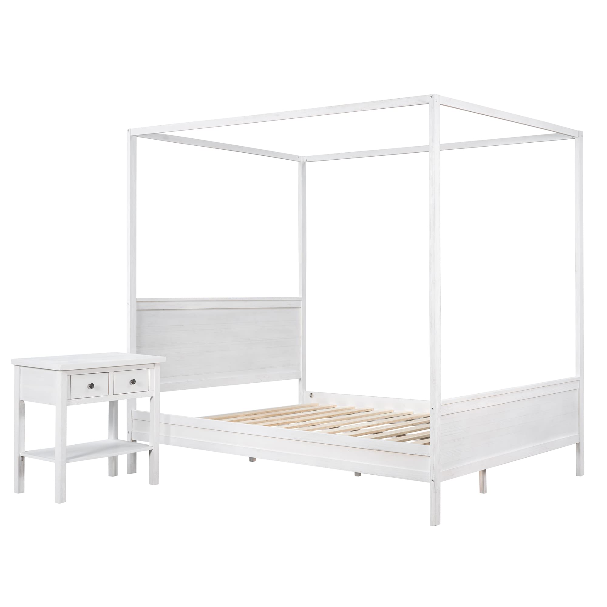 Queen Size Wood Canopy Bed Frame with 2 Nightstands - Modern Kids Bedroom Furniture Set for Girls, Boys & Teens - White Finish - Perfect for Bedroom Decor & Sleepovers