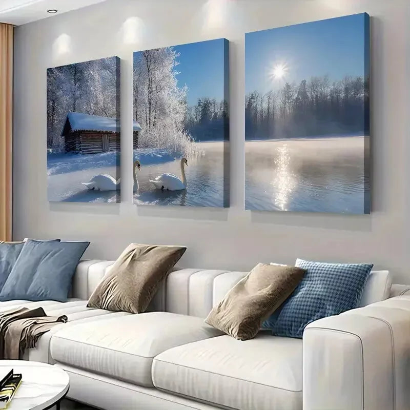 3-Piece Winter Swan Lake Wrapped Wall Art Set - Framed Canvas 40x60cm - High Quality Print - 100% Australian Made - Ready to Hang - Perfect for Living Room, Bedroom & Office Decor