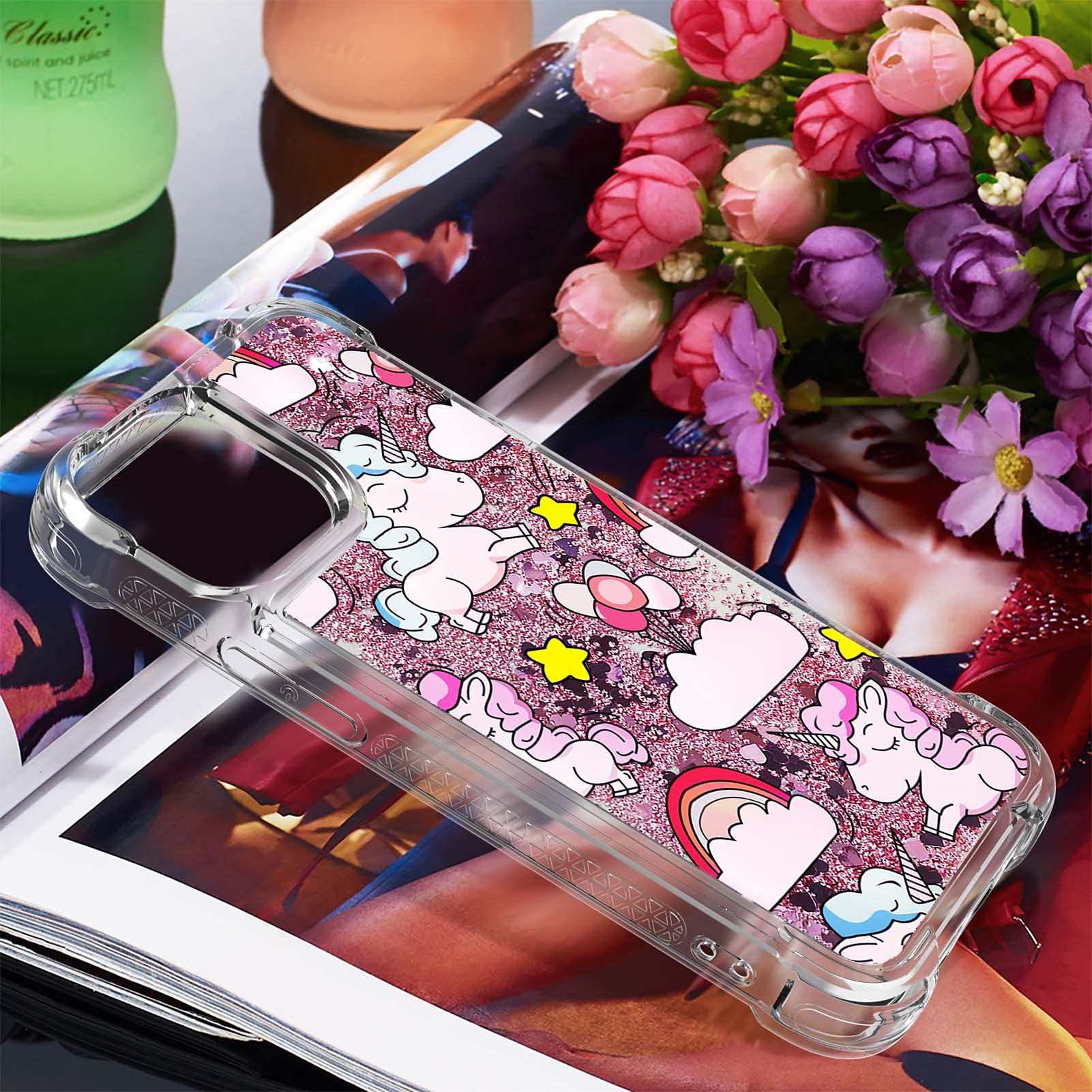 OOPKINS Glitter Liquid Case for iPhone 13 Pro Max - Sparkle Floating Shiny Quicksand Clear Soft TPU Silicone Shockproof Protective Bumper Cover - Bling Cloud Unicorn Design - Perfect for Parties, Gifts & Everyday Use