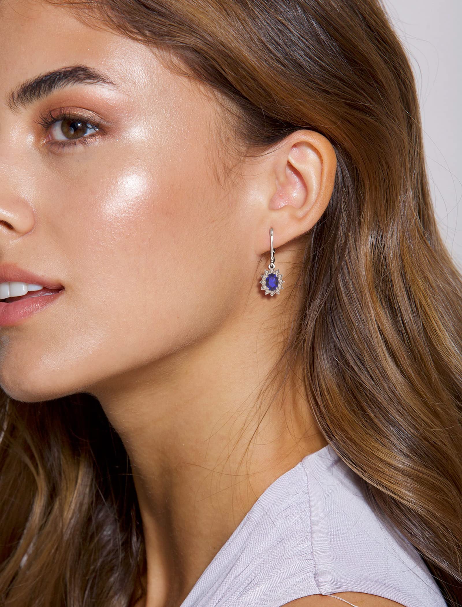 YL Sterling Silver Halo Princess Diana Drop Earrings for Women - Dangle Leverback Birthstone Jewelry - Perfect for Weddings, Parties & Special Occasions