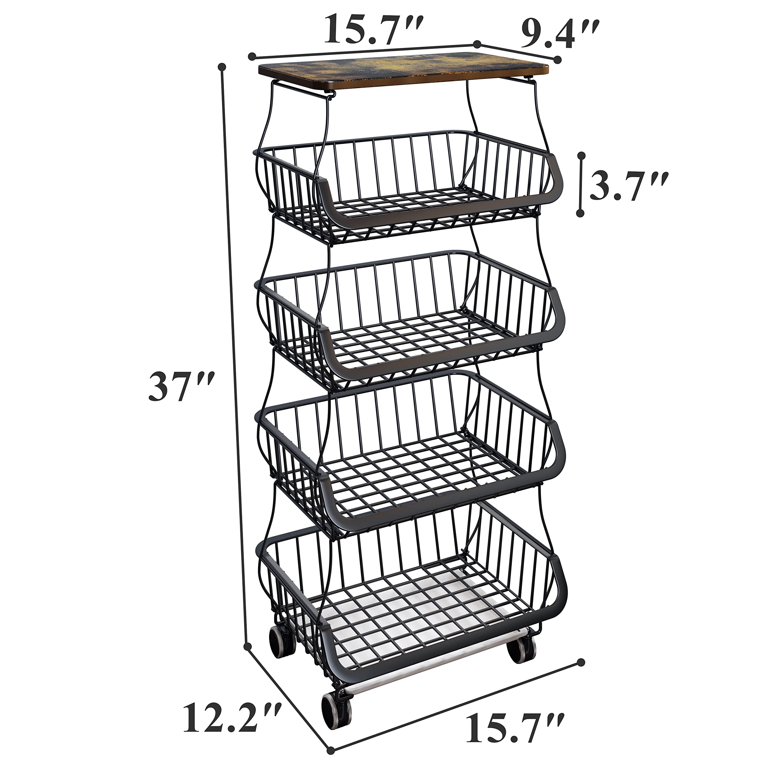 Wooden Top Metal Wire Basket Stand - Stackable Kitchen Pantry Organizer for Fruits, Vegetables, Snacks, Jars & Containers | Black Storage Cart for Home, Office or Restaurant Use