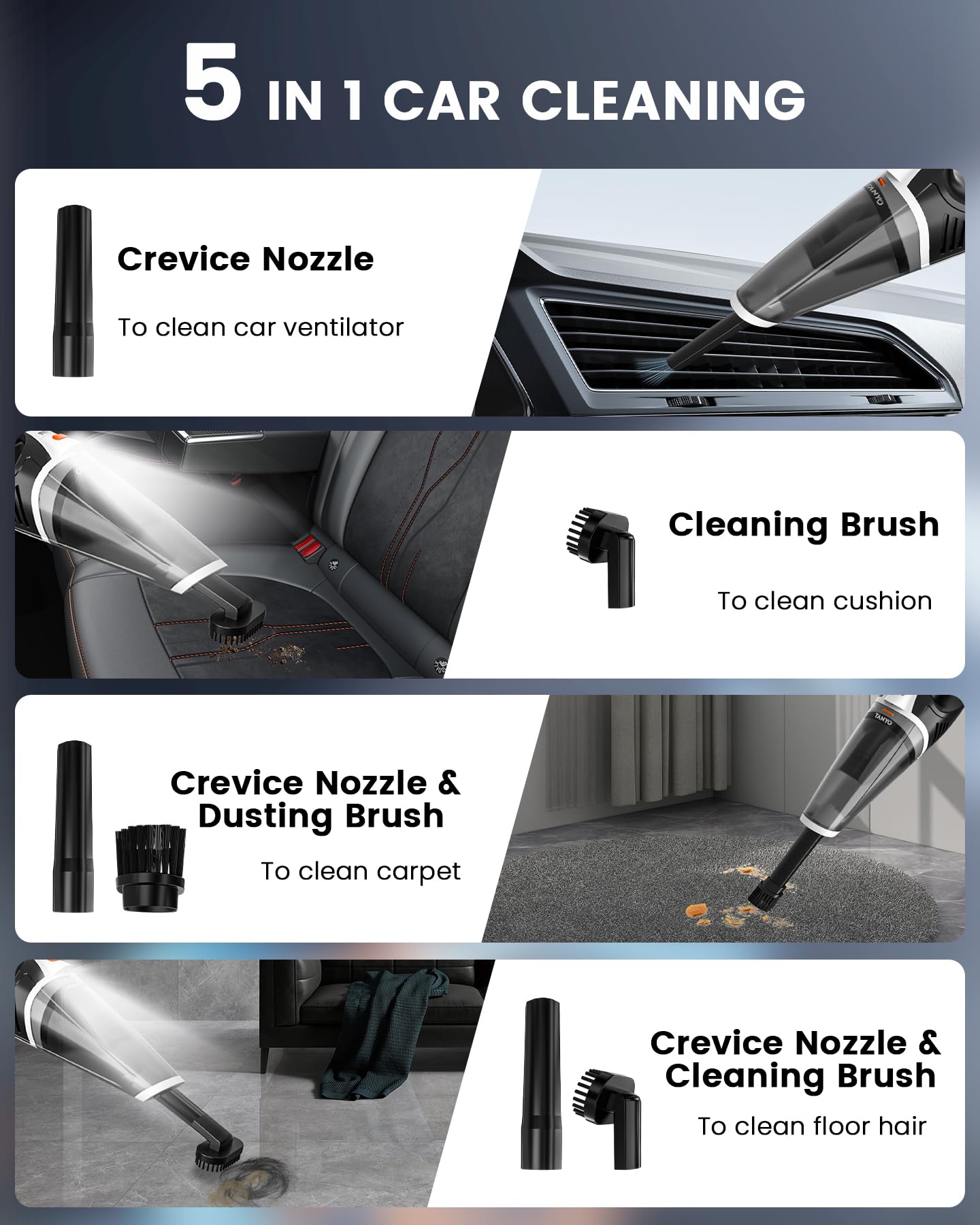 TANYO Cordless Handheld Vacuum Cleaner - 15KPA Strong Suction, Rechargeable, 5-in-1 Brushless Motor with LED Light, 120W Portable Car Vacuum for Pet Hair, Dust, Home, Office & Auto Detailing | Perfect for Car Seats, Upholstery, Stairs and Quick Cleanups