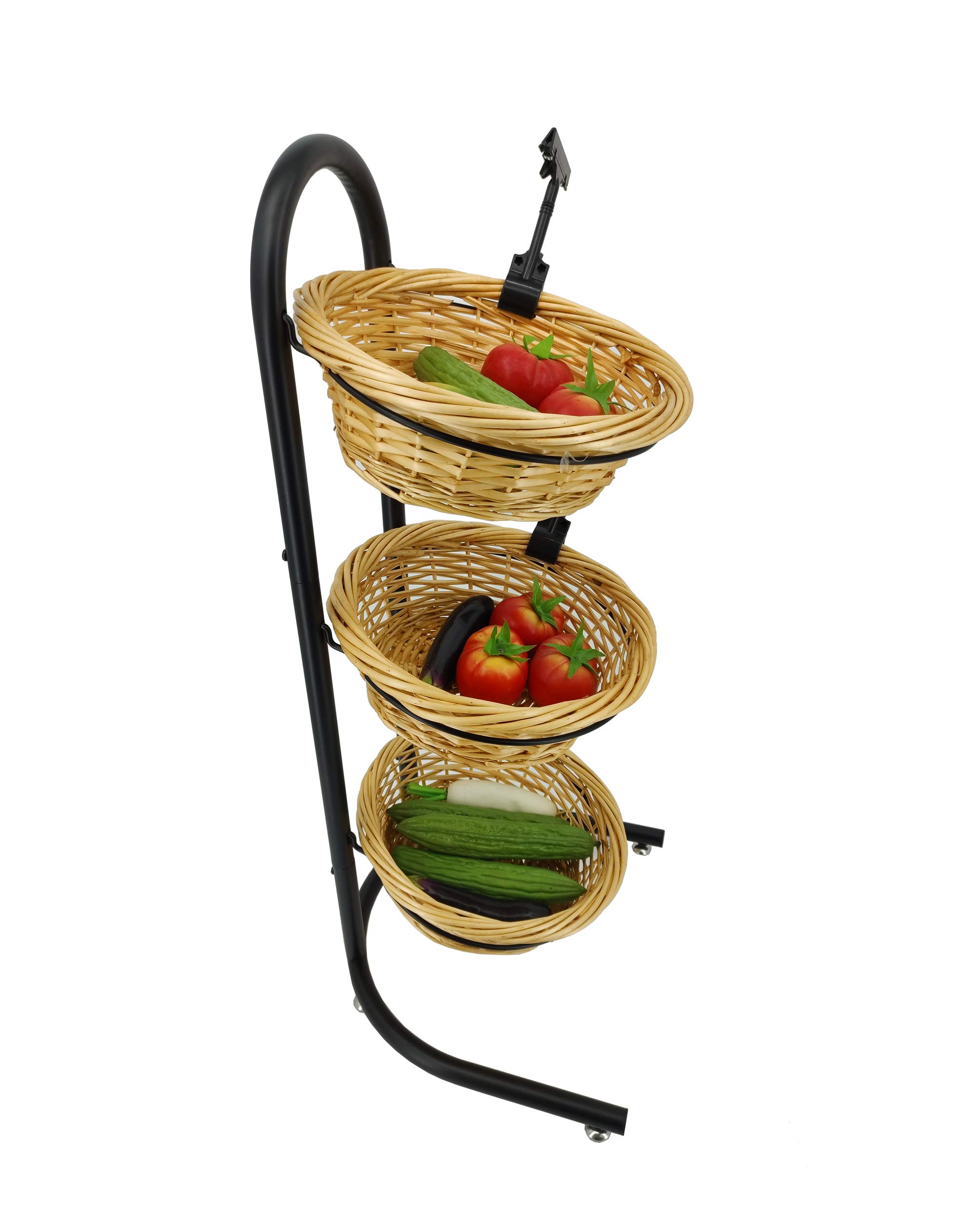 FixtureDisplays 3-Tier Wicker Basket Metal Stand with Sign Clips - Rustic Market Basket Storage Organizer for Kitchen, Bathroom & Retail Display (Model 19425)