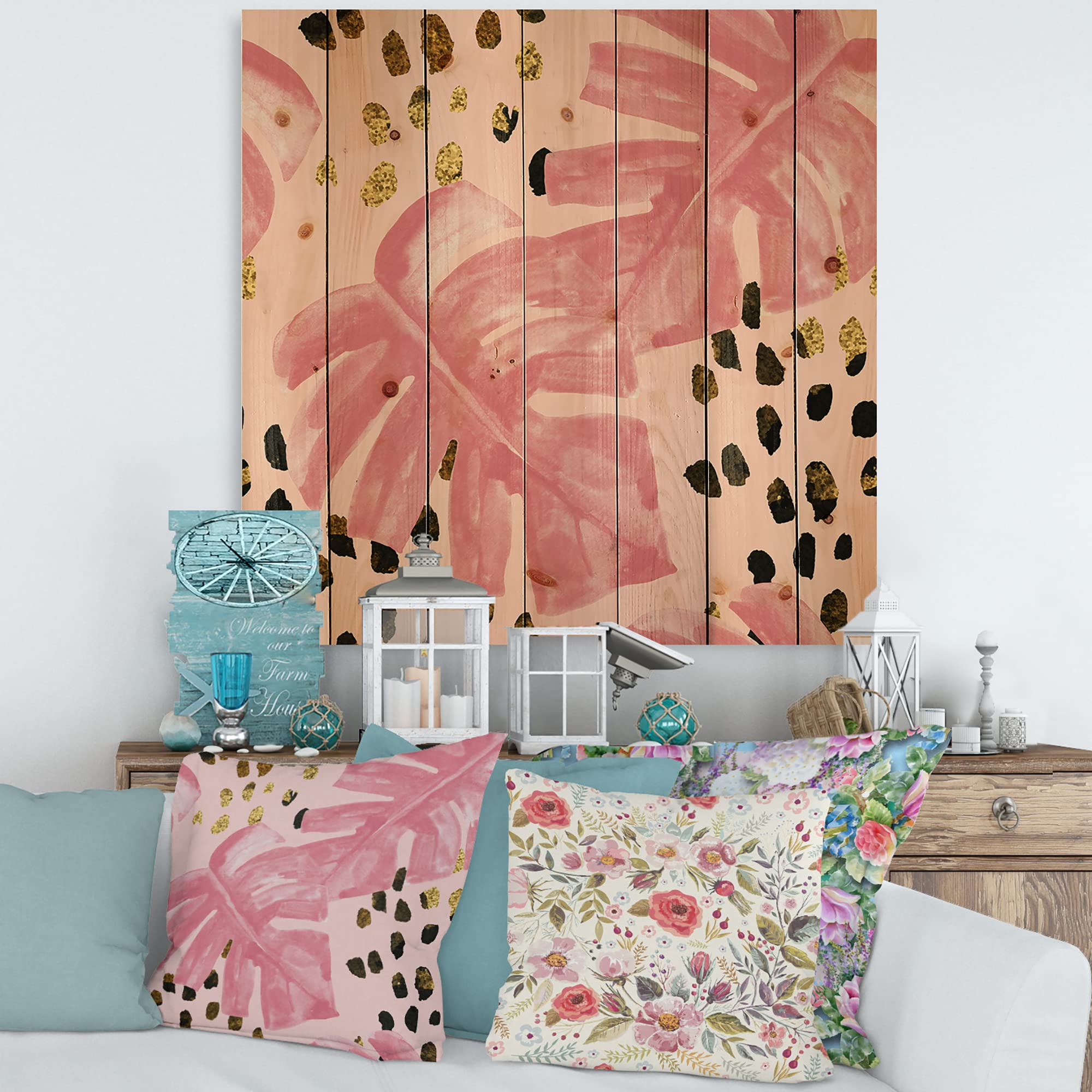 Pink Monstera Wood Wall Art - Tropical Floral Decor for Living Room