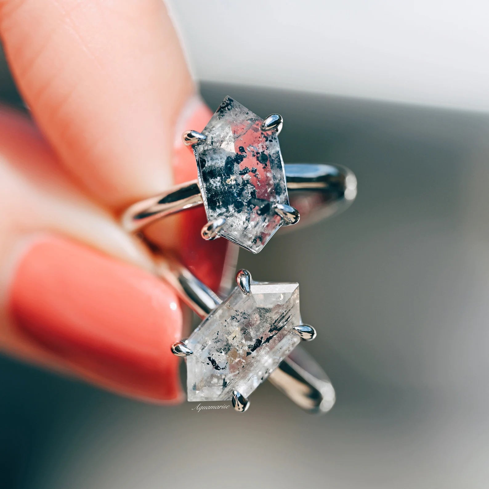 Hexagon Galaxy Raw Salt & Pepper Herkimer Diamond Ring - Sterling Silver Jewelry for Women, Unique Handmade Wedding Engagement Gift, Boho Hippie Style Accessory for Everyday Wear & Special Occasions