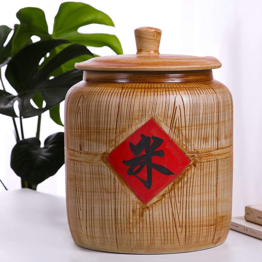 Ceramic Rice Bucket with Handle - 5KG Large Capacity Airtight Food Storage Container for Kitchen, Cereal, Dry Food - Retro Classic Brown Design - Perfect for Pantry Organization & Bulk Food Storage