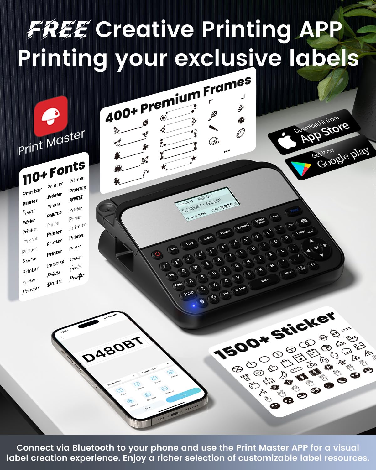 Bluetooth Label Maker D480BT - Rechargeable Label Printer with QWERTY Keyboard & Backlit LCD | Compatible with PC & Smartphone | 3/4 Inch Label Tape | Perfect for Home, Office, Warehouse & Craft Organization
