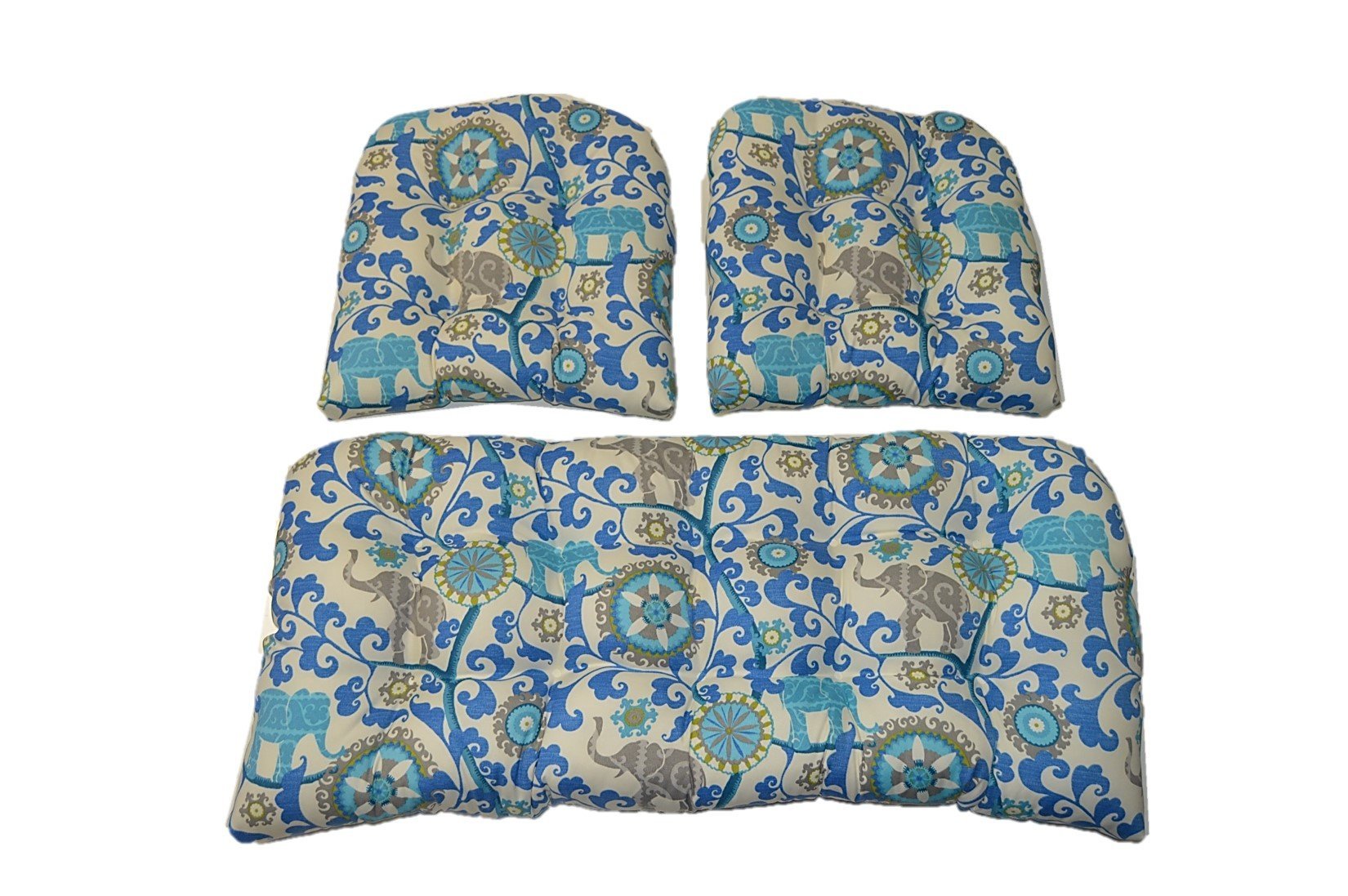 3 Piece Wicker Cushion Set for Loveseat & Chairs - Indoor/Outdoor Bohemian Style Cushions in Sapphire Blue, Turquoise, Green & Gray - Perfect for Patio, Garden, Porch & Sunroom Decor