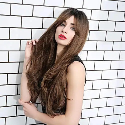 Long Brown Synthetic Hair Wig with Bangs - Natural Looking Soft & Lightweight for Cosplay, Halloween, Daily Wear & Costume Parties