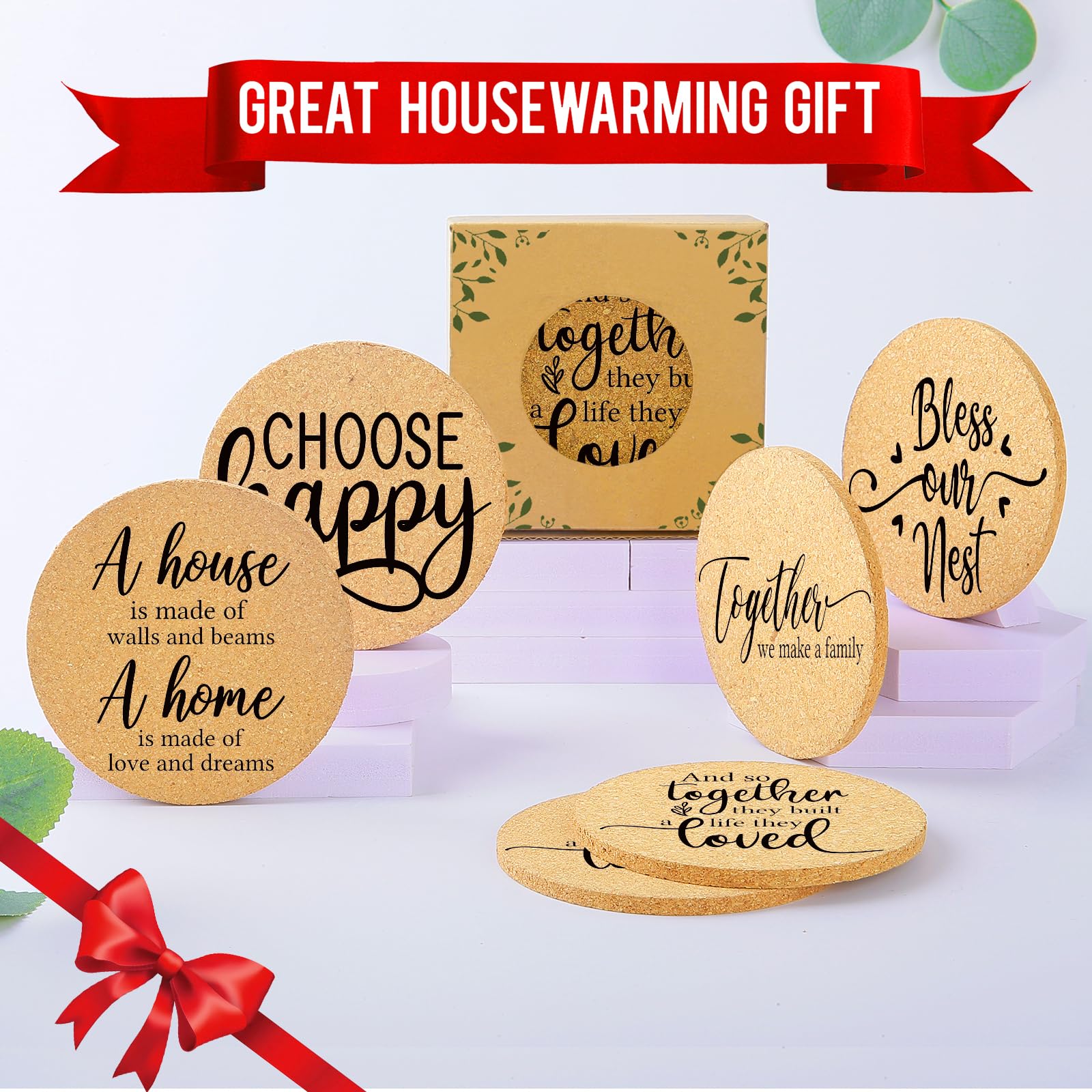 6-Pack Absorbent Cork Drink Coasters with Holder - Cute Round 4